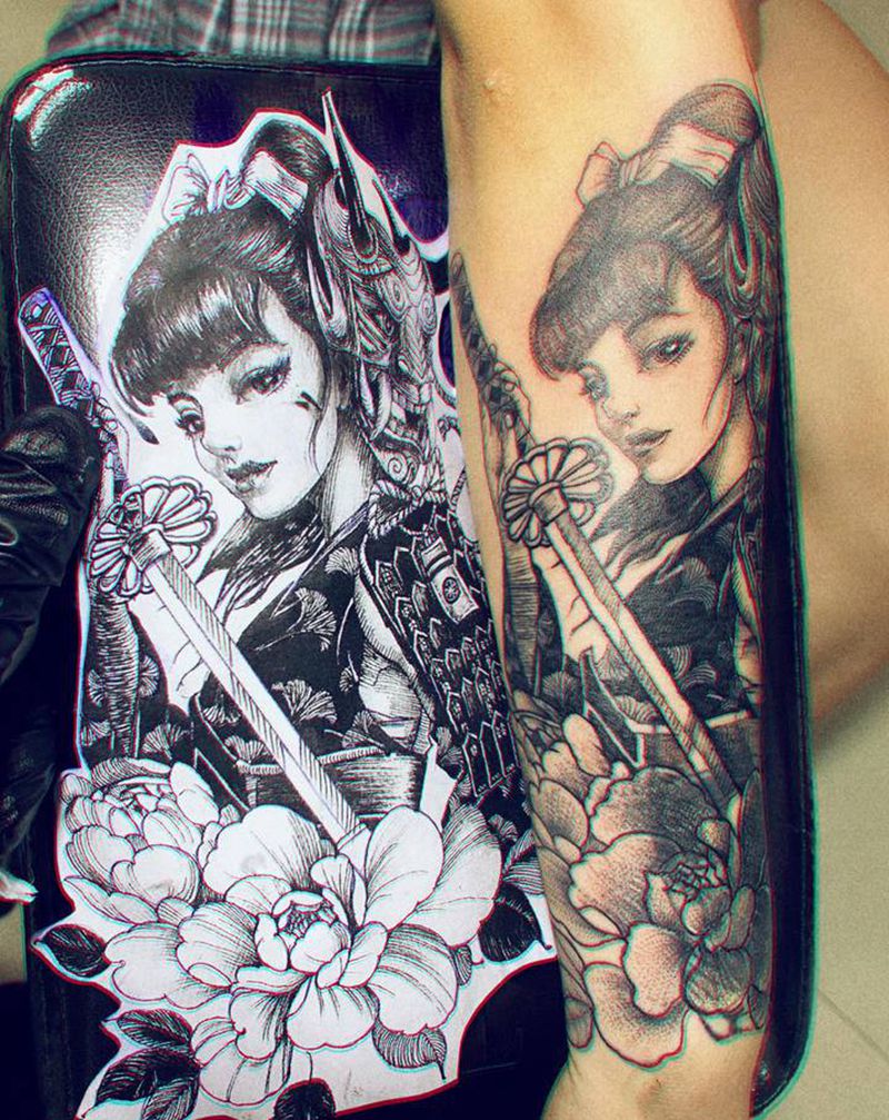 小臂 武姬 遮盖纹身图片_手臂新传统纹身图案