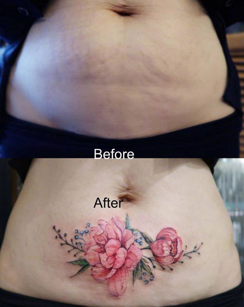 遮盖妊娠纹纹身图片_腹部老传统水墨纹身图案