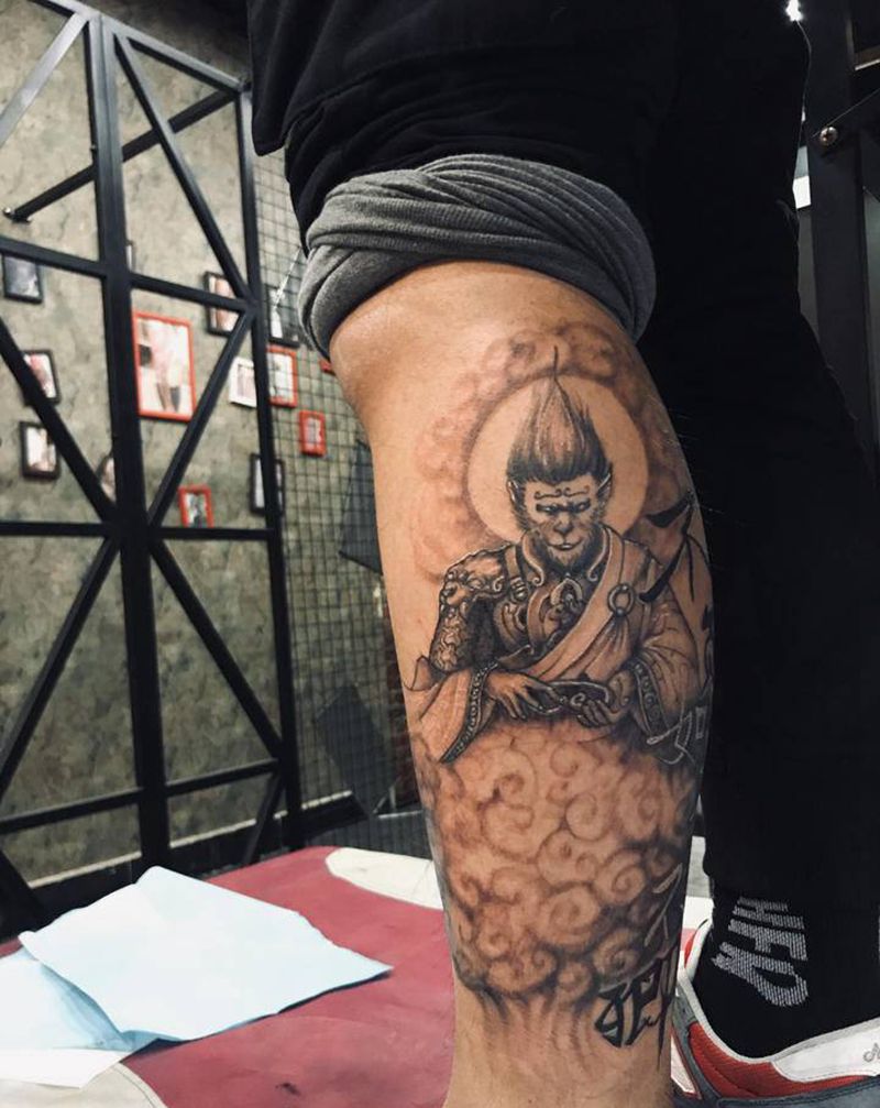 悟纹身图片_腿部欧美写实新传统纹身图案