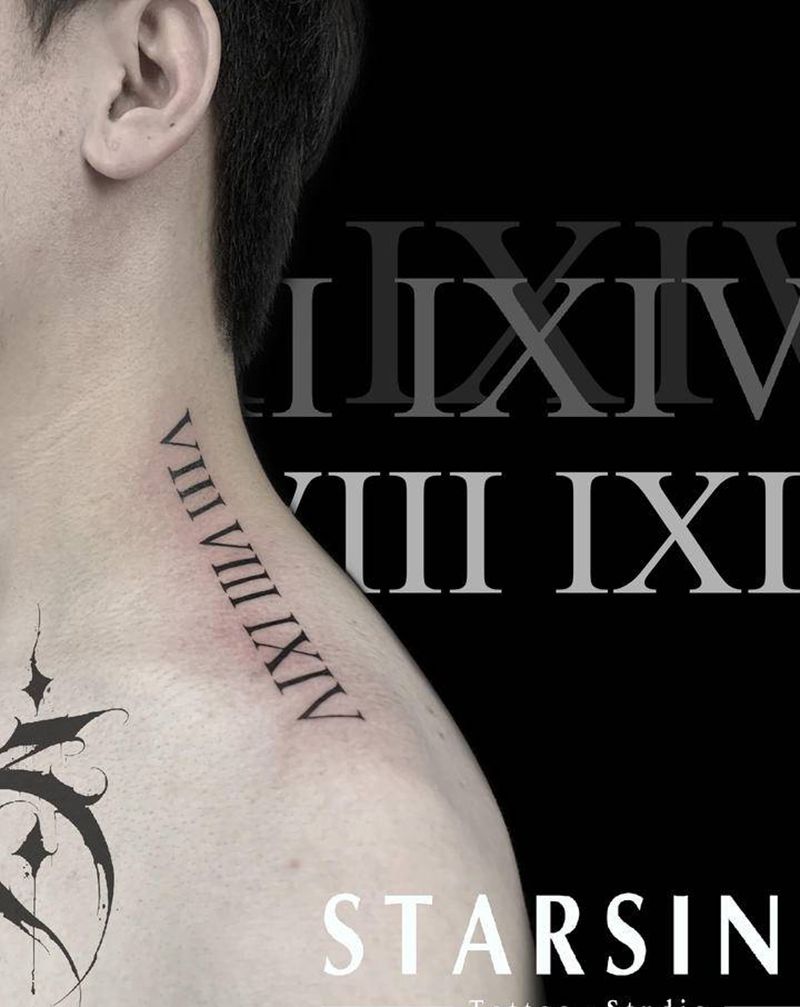 Roman numerals纹身图片_肩部颈部花体字罗马数字纹身图案