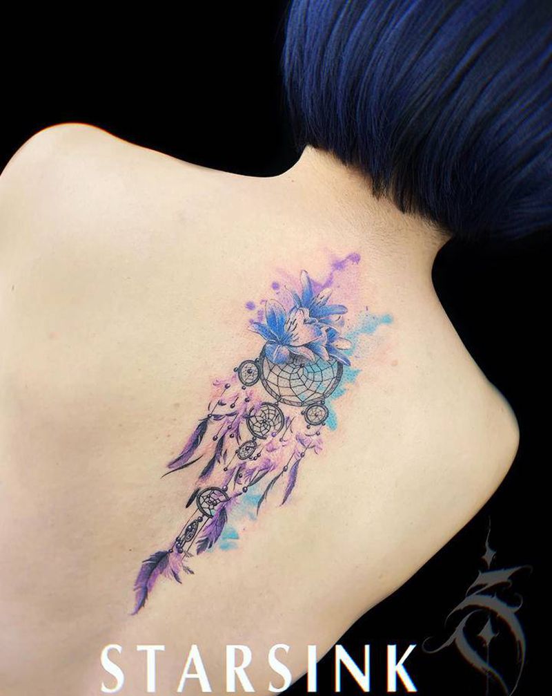 捕梦网纹身图片_背部水彩捕梦网纹身图案