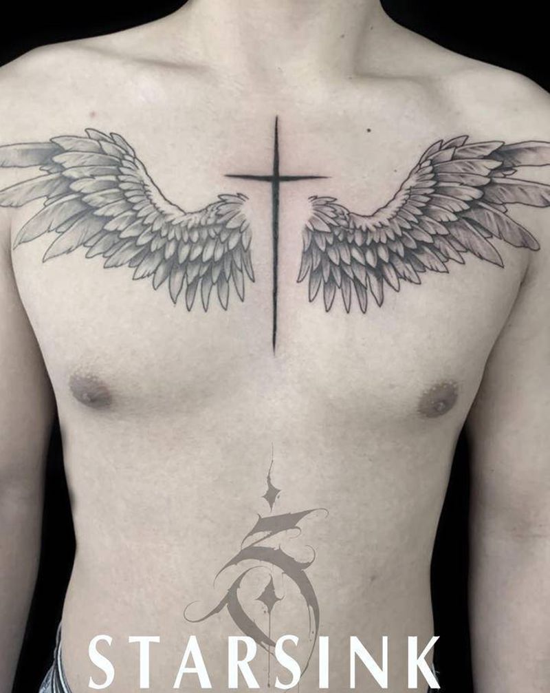 翅膀纹身图片_胸部New School翅膀纹身图案