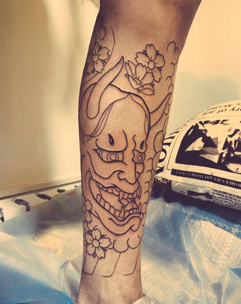 般若天狗包小腿 未完纹身图片_腿部老传统纹身图案