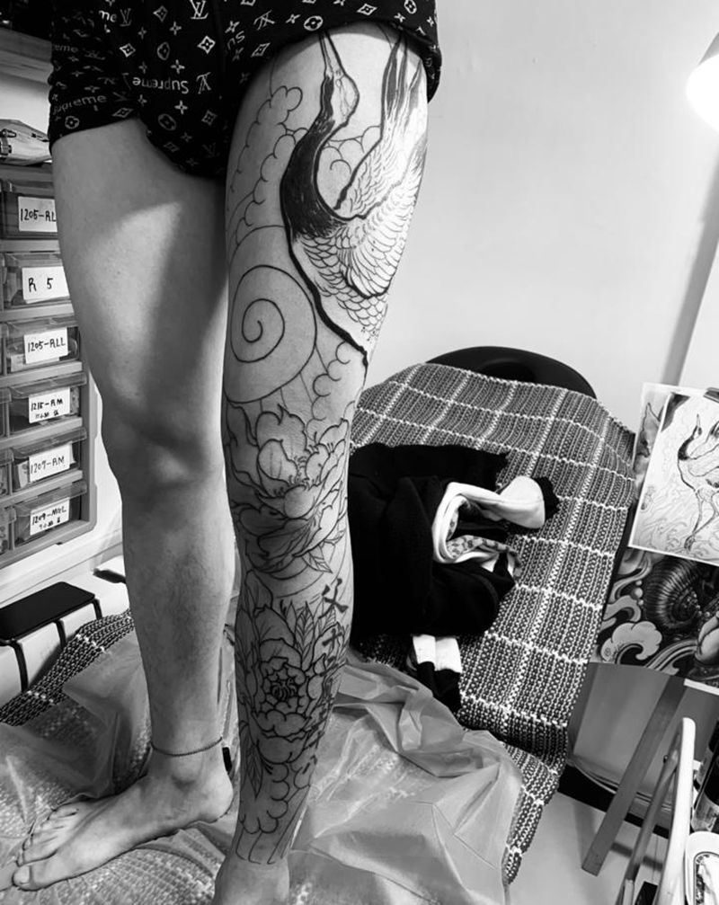 花腿鹤牡丹 未完纹身图片_腿部老传统新传统纹身图案