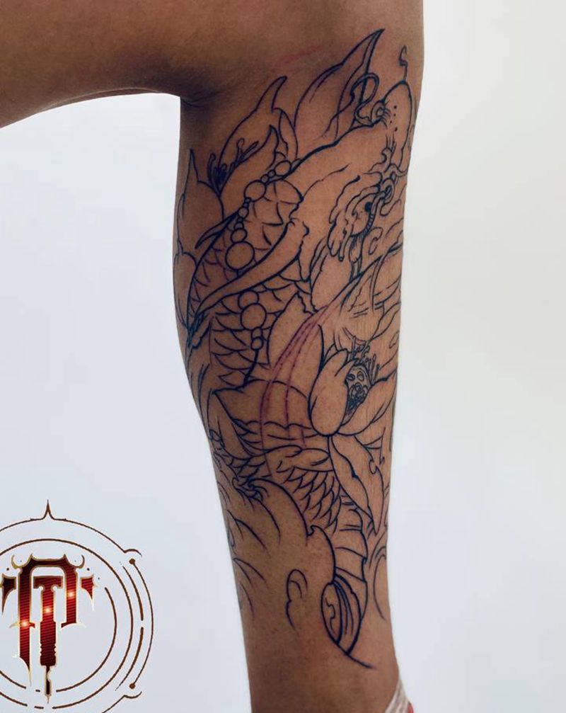 招财锦鲤纹身图片_腿部新传统鱼纹身图案