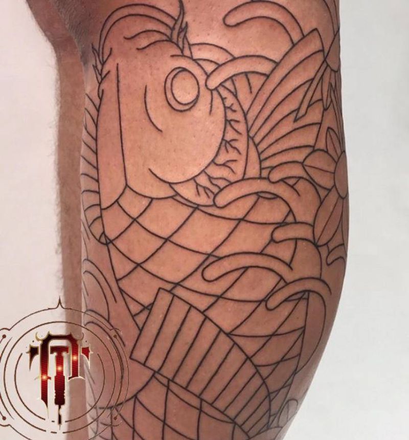 日式大鱼纹身图片_腿部老传统鱼纹身图案