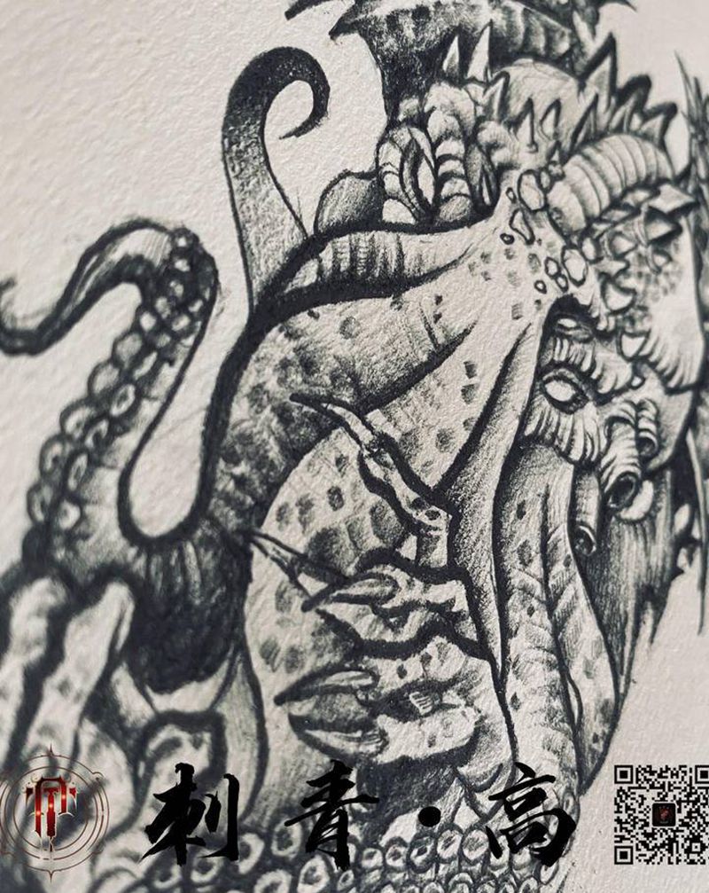 ◈章鱼克苏鲁纹身图片_手臂新传统章鱼克苏鲁纹身图案