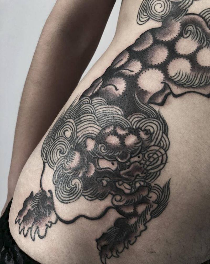 唐狮作品纹身图片_腹部老传统纹身图案