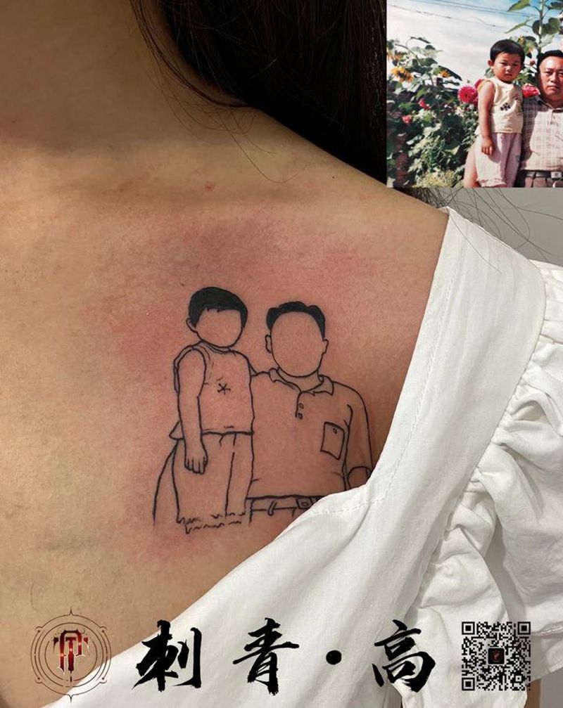 简笔照纹身图片_胸部几何家庭简笔照片纹身图案