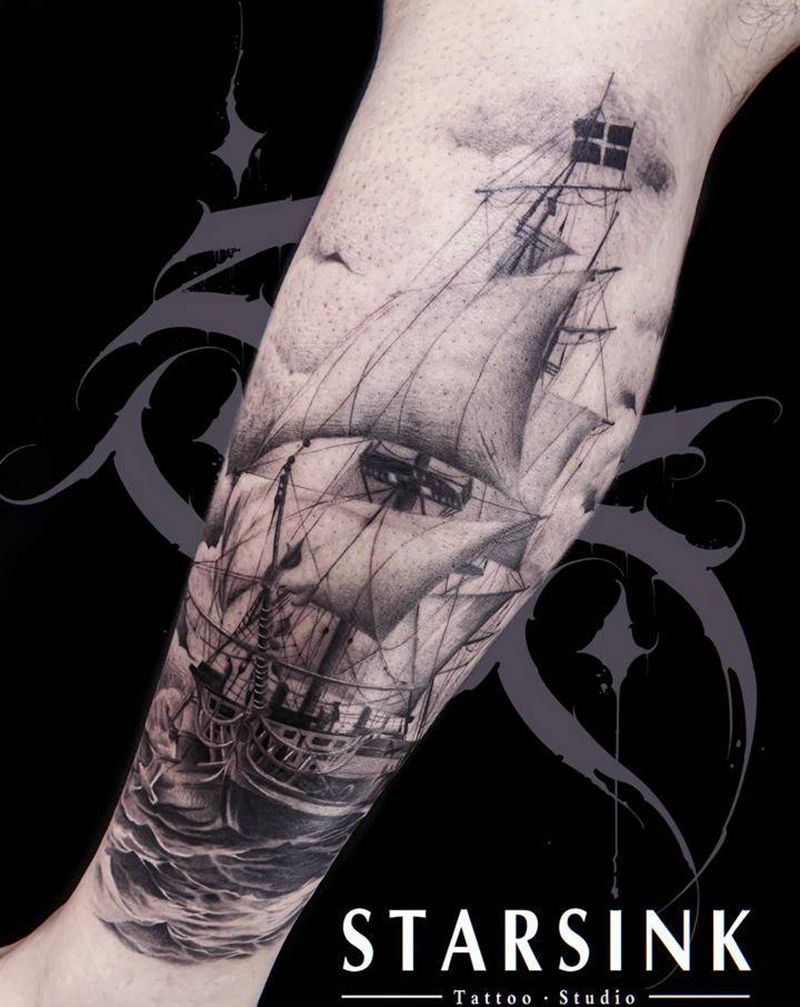 写实风格·船纹身图片_腿部欧美写实船纹身图案