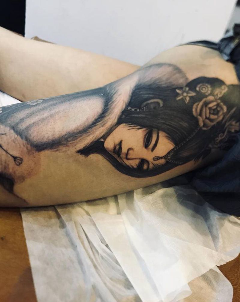 四美图纹身图片_腿部欧美写实新传统纹身图案