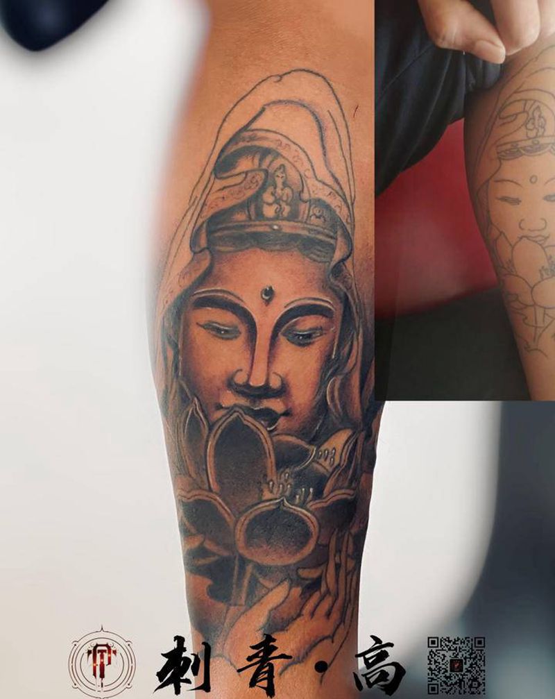 修改上色纹身图片_腿部新传统佛修改上色纹身图案
