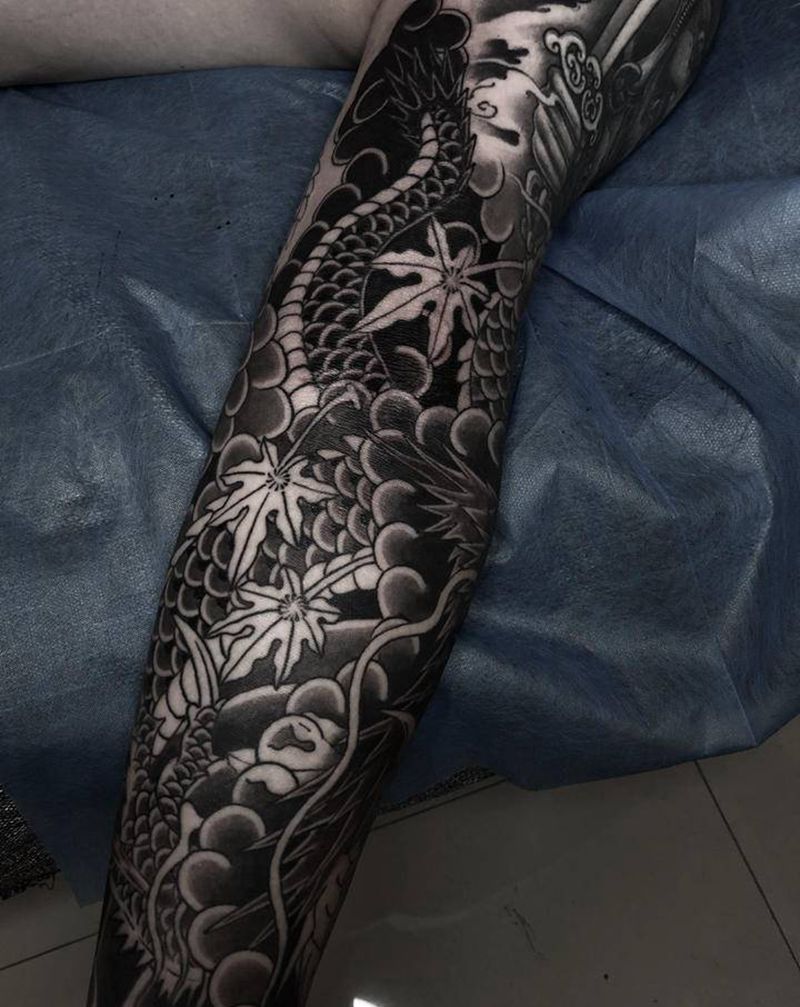 龙 花臂纹身图片_手臂老传统纹身图案