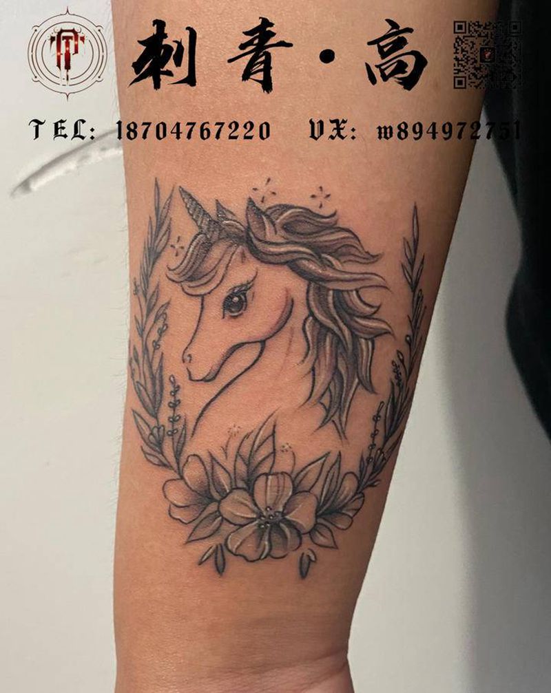 独角兽遮盖纹身图片_手臂几何遮盖独角兽纹身图案