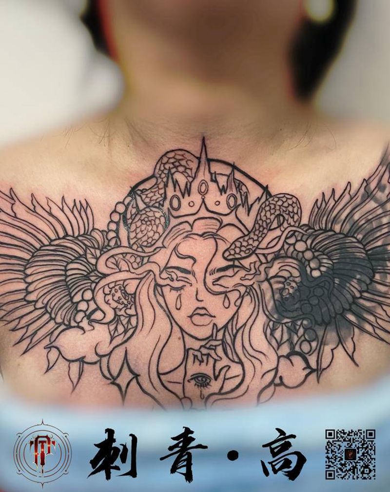 美杜莎遮盖纹身图片_胸部新传统美杜莎遮盖纹身图案