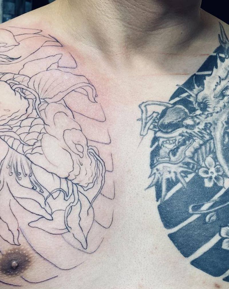 鲤鱼半甲 未完纹身图片_胸部肩部纹身图案