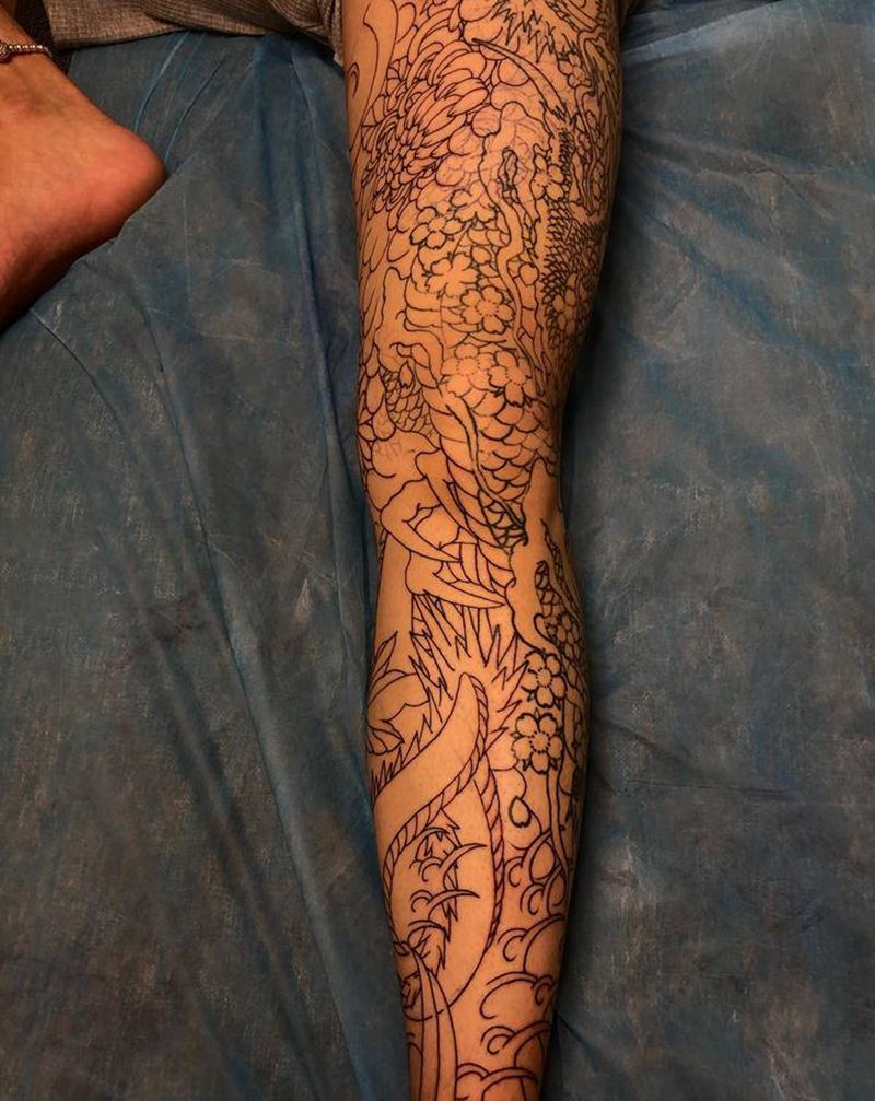 花腿  龙纹身图片_腿部老传统纹身图案