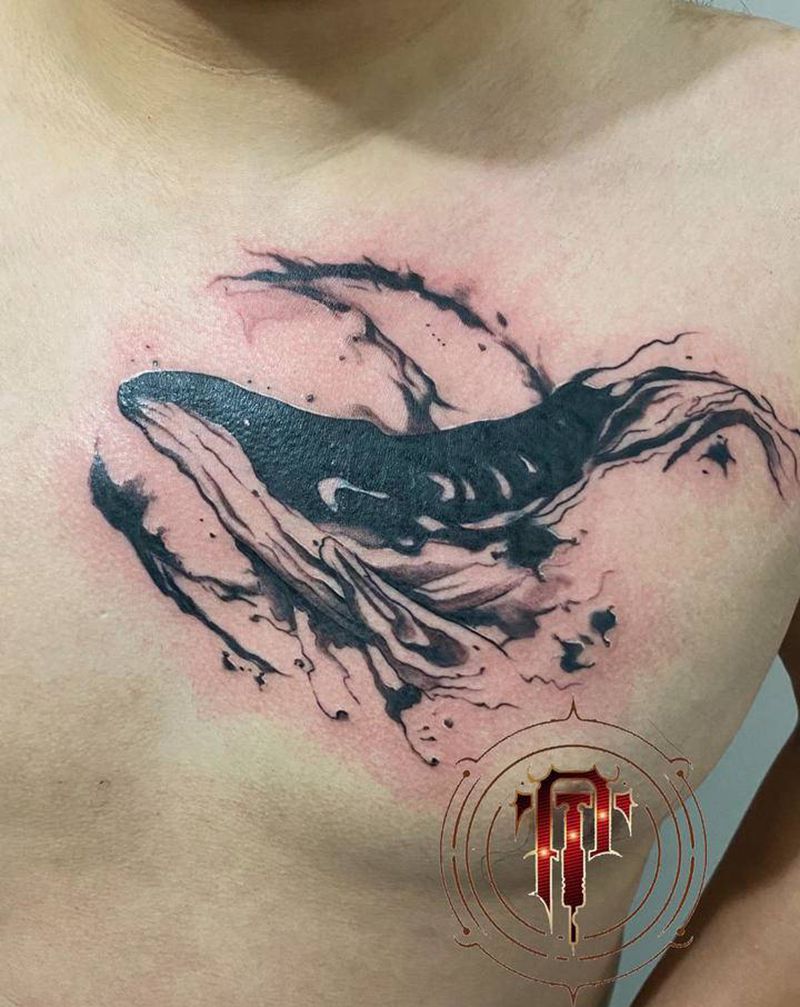 鲸落纹身图片_胸部新传统遮盖鲸纹身图案