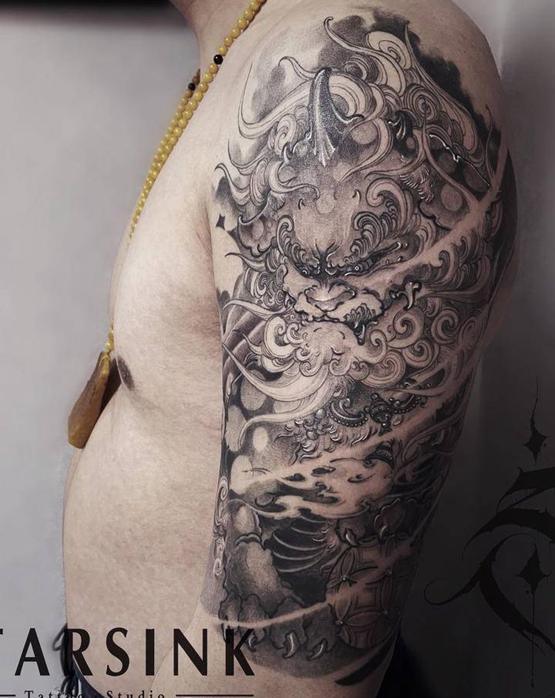 新传统风格·唐狮纹身图片_手臂新传统唐狮纹身图案