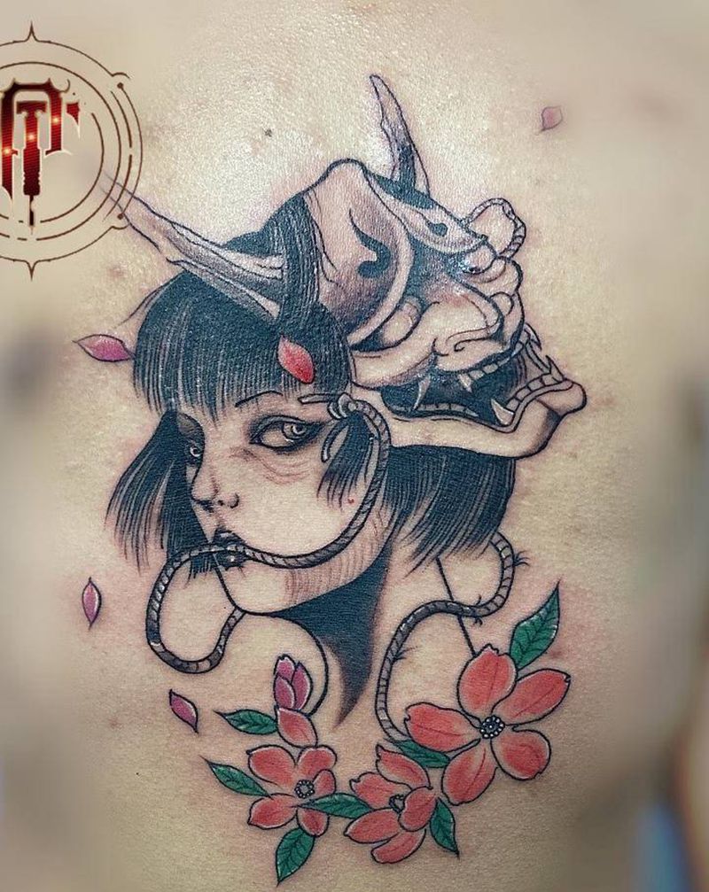 艺妓般若纹身图片_腹部新传统艺妓般若遮盖纹身图案