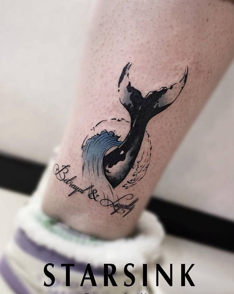 小清新·鲸尾纹身图片_腿部水墨水彩鲸尾纹身图案
