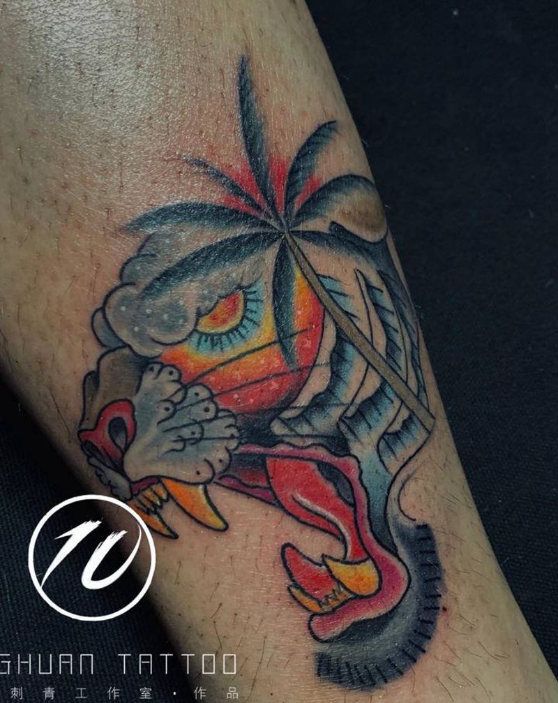 虎头纹身图片_腿部Old School纹身图案