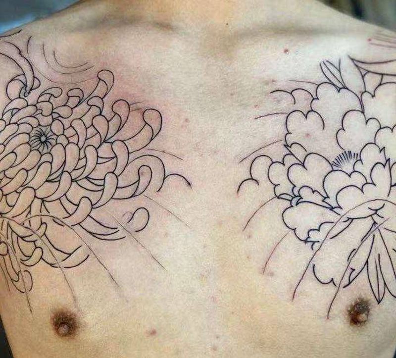 菊花，牡丹，蛇，浪纹身图片_胸部老传统纹身图案