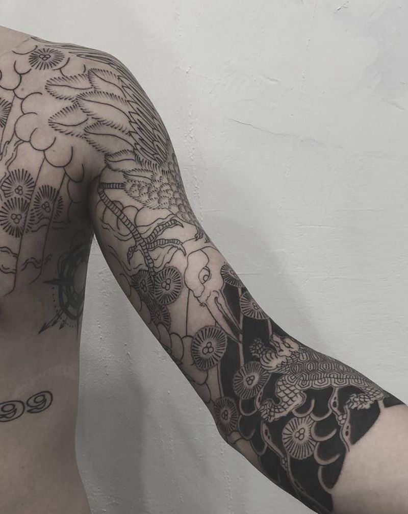 仙鹤七分袖纹身图片_手臂老传统纹身图案