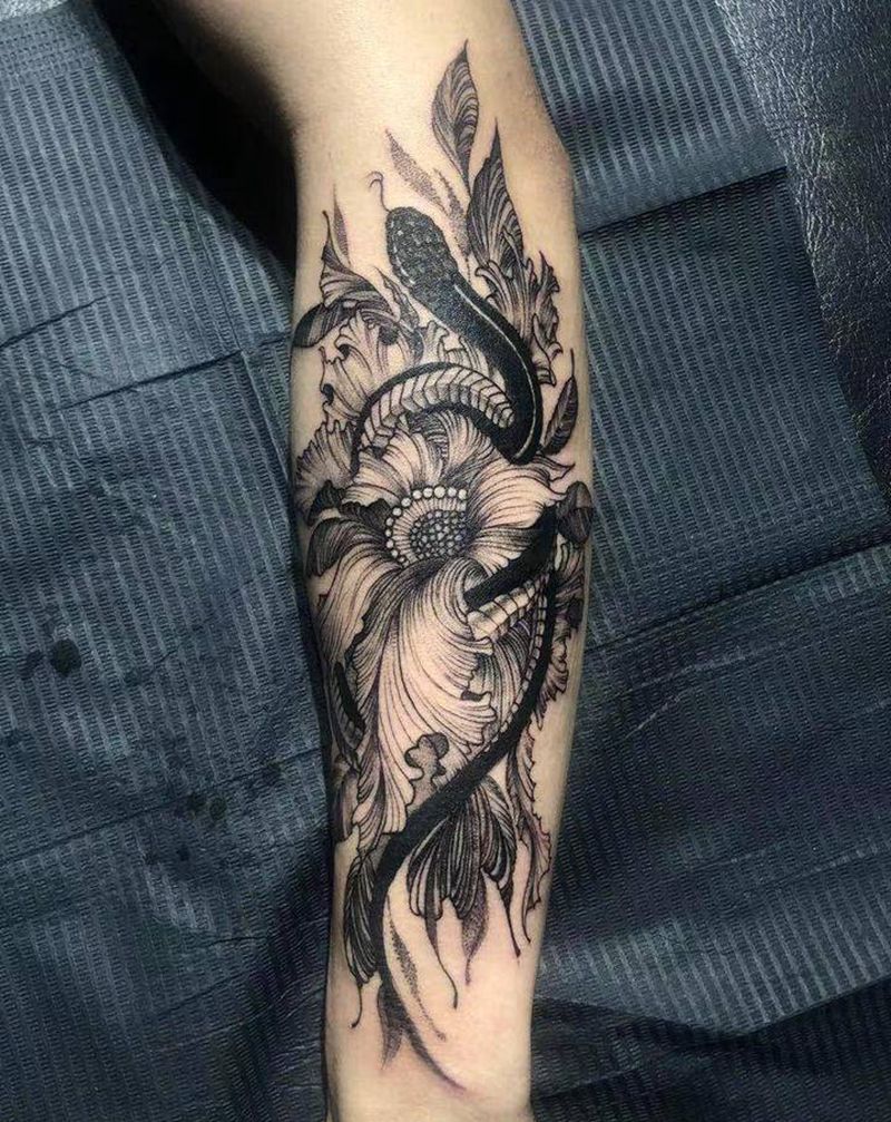 花，蛇纹身图片_手臂暗黑纹身图案