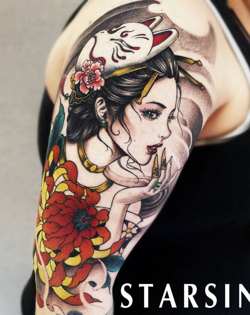 新传统风格·艺伎纹身图片_手臂新传统艺伎纹身图案