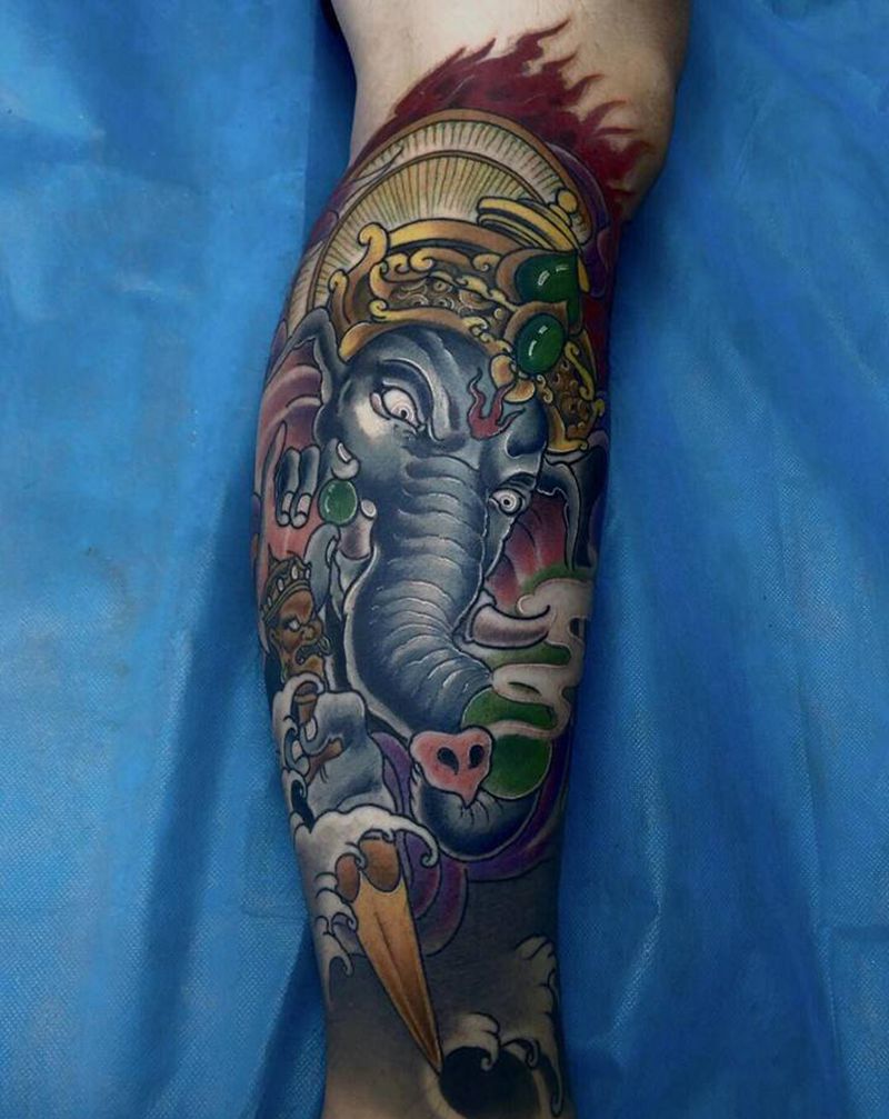 象神纹身图片_腿部脚部新传统纹身图案