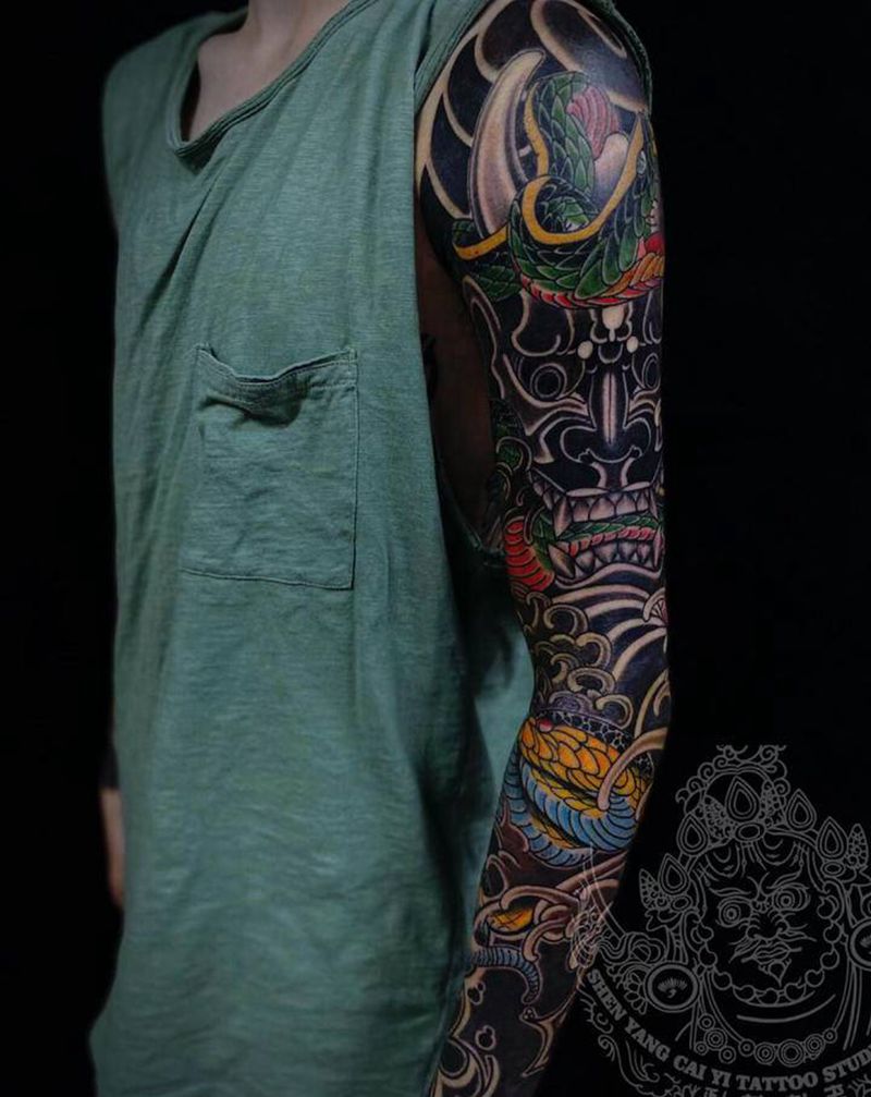 花臂纹身图片_手臂新传统纹身图案