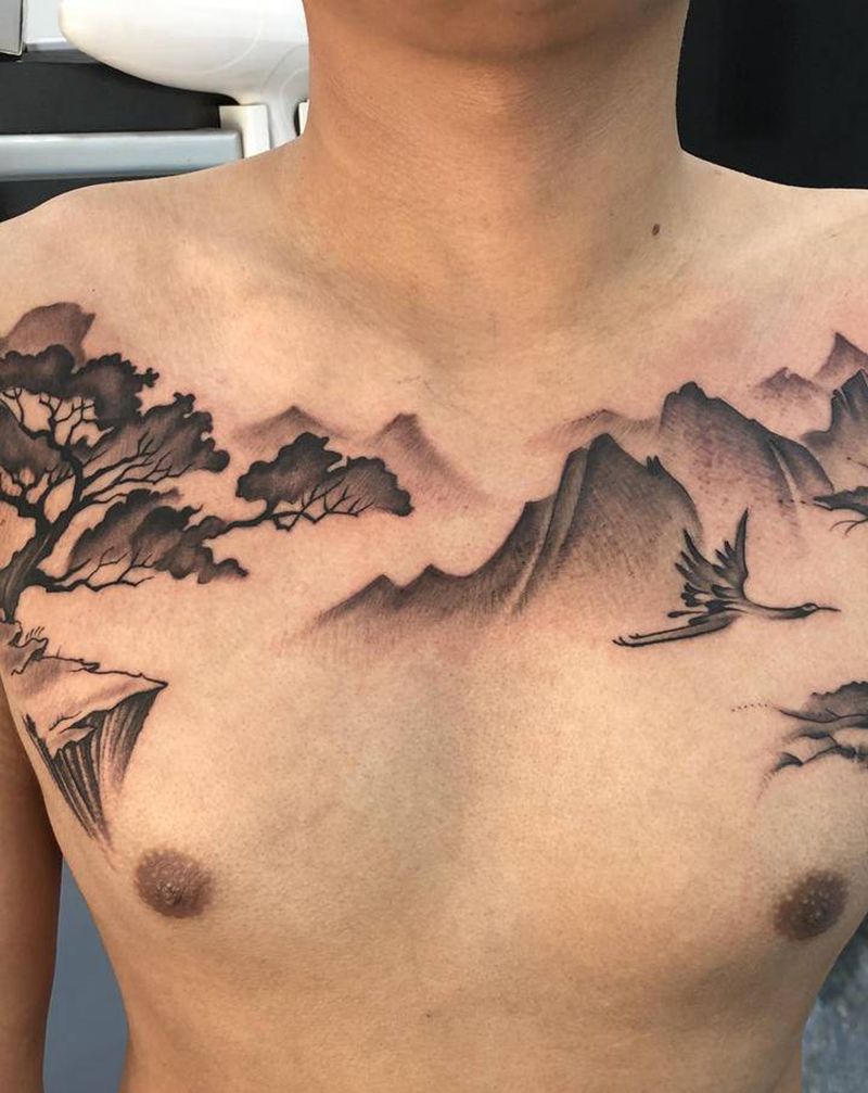 乔雷微信15847595503纹身图片_胸部水墨纹身图案