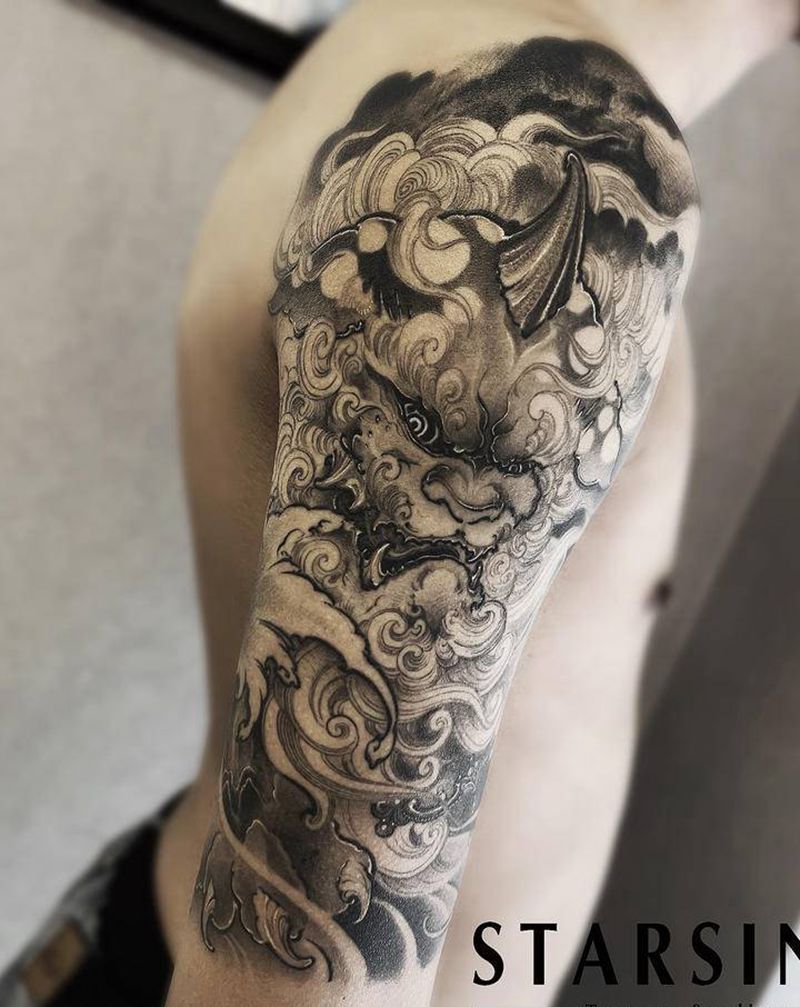 新传统风格·唐狮纹身图片_手臂新传统唐狮纹身图案