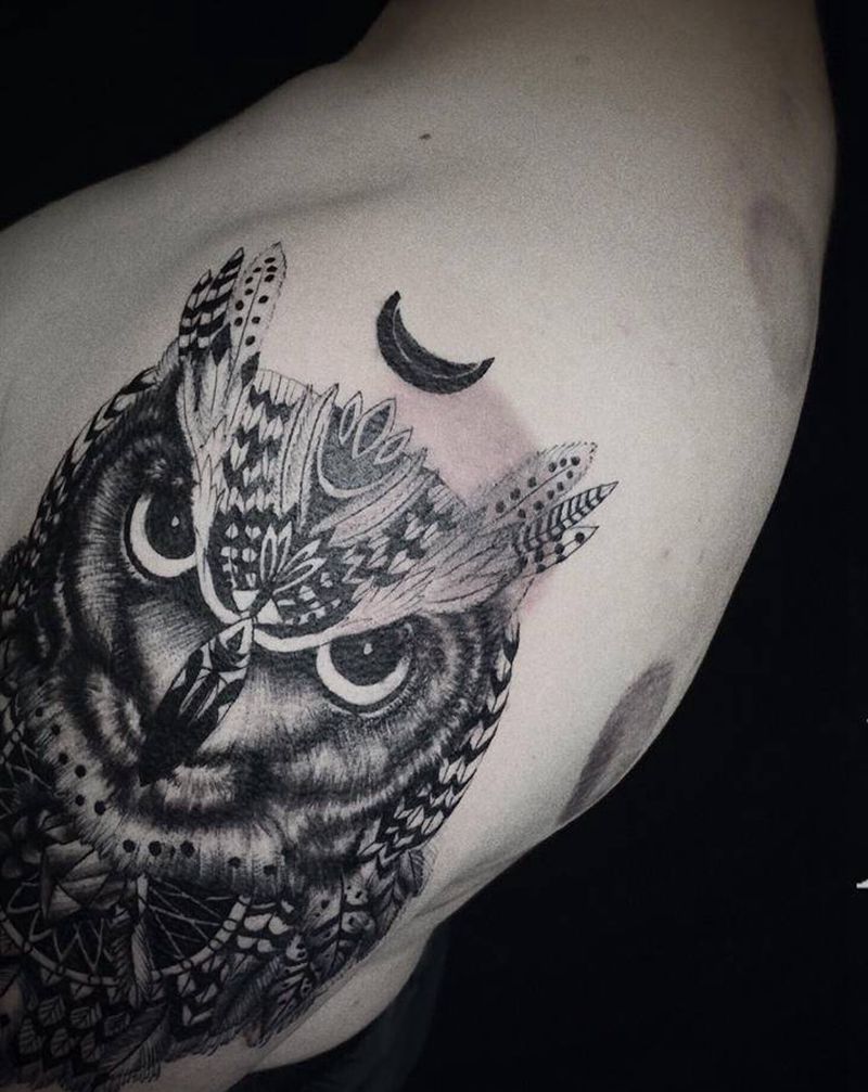 店内猫头鹰纹身图片_手臂图腾点刺纹身图案