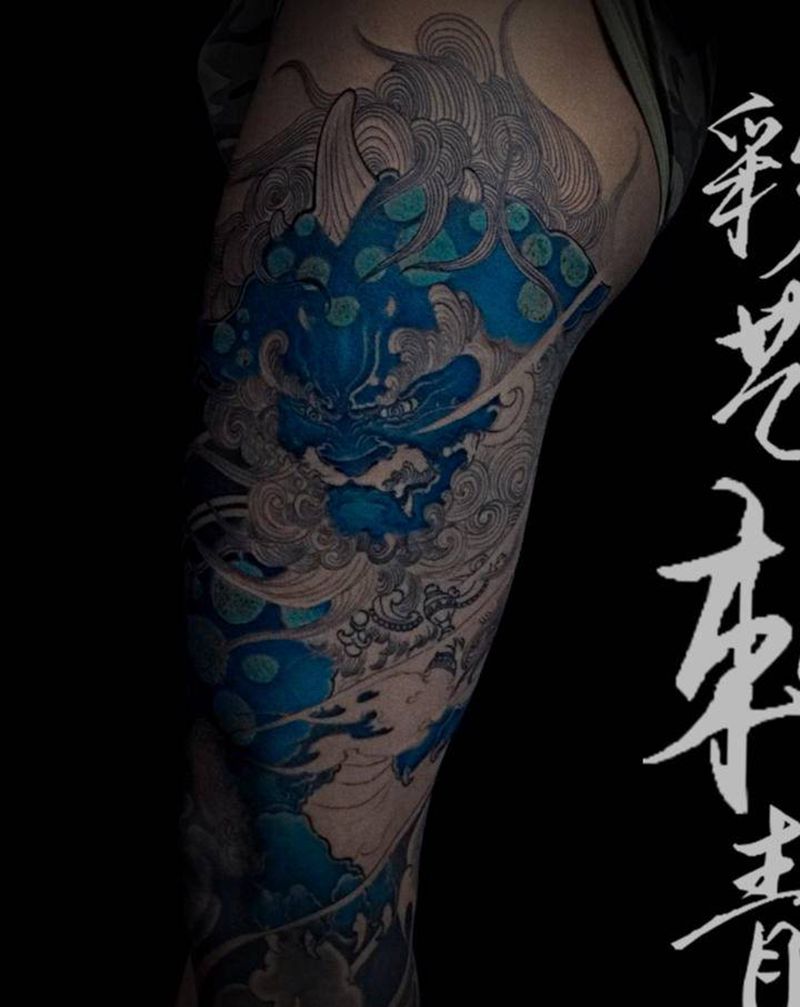 店内唐狮未完纹身图片_腿部新传统纹身图案