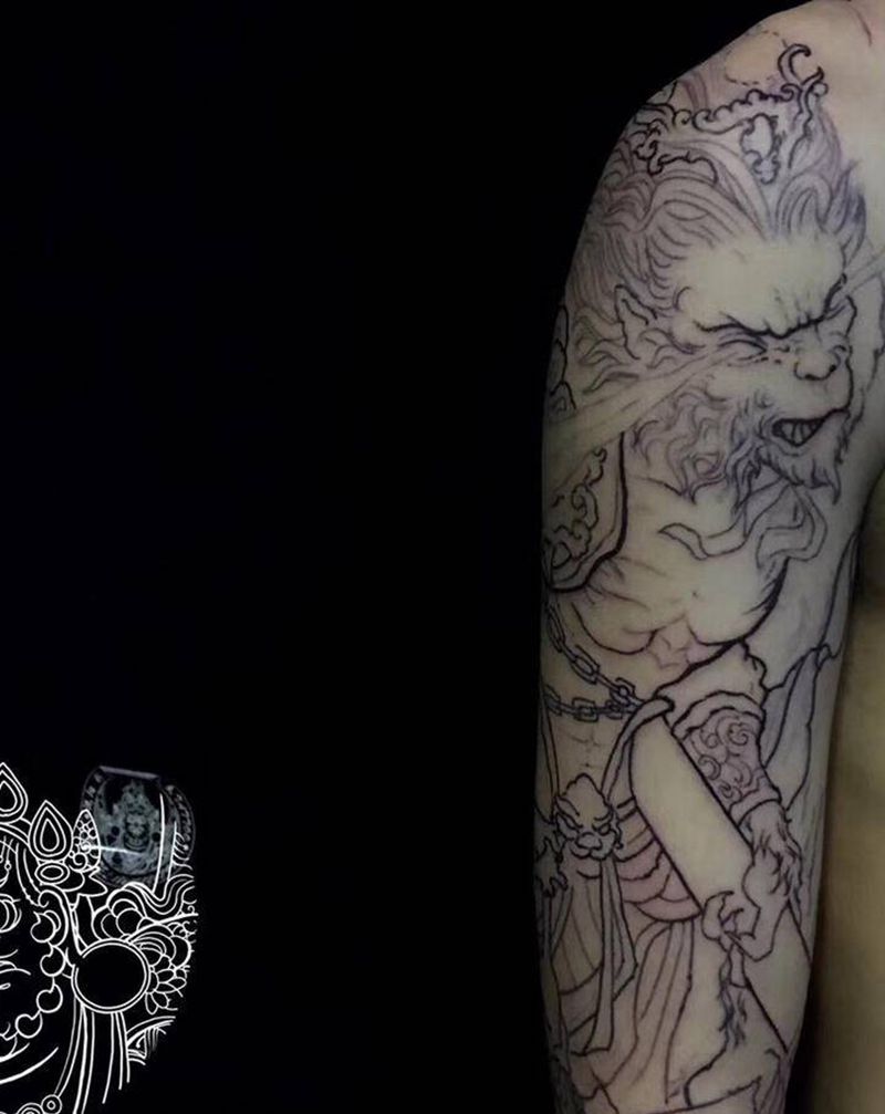 猴子基础线纹身图片_手臂新传统纹身图案