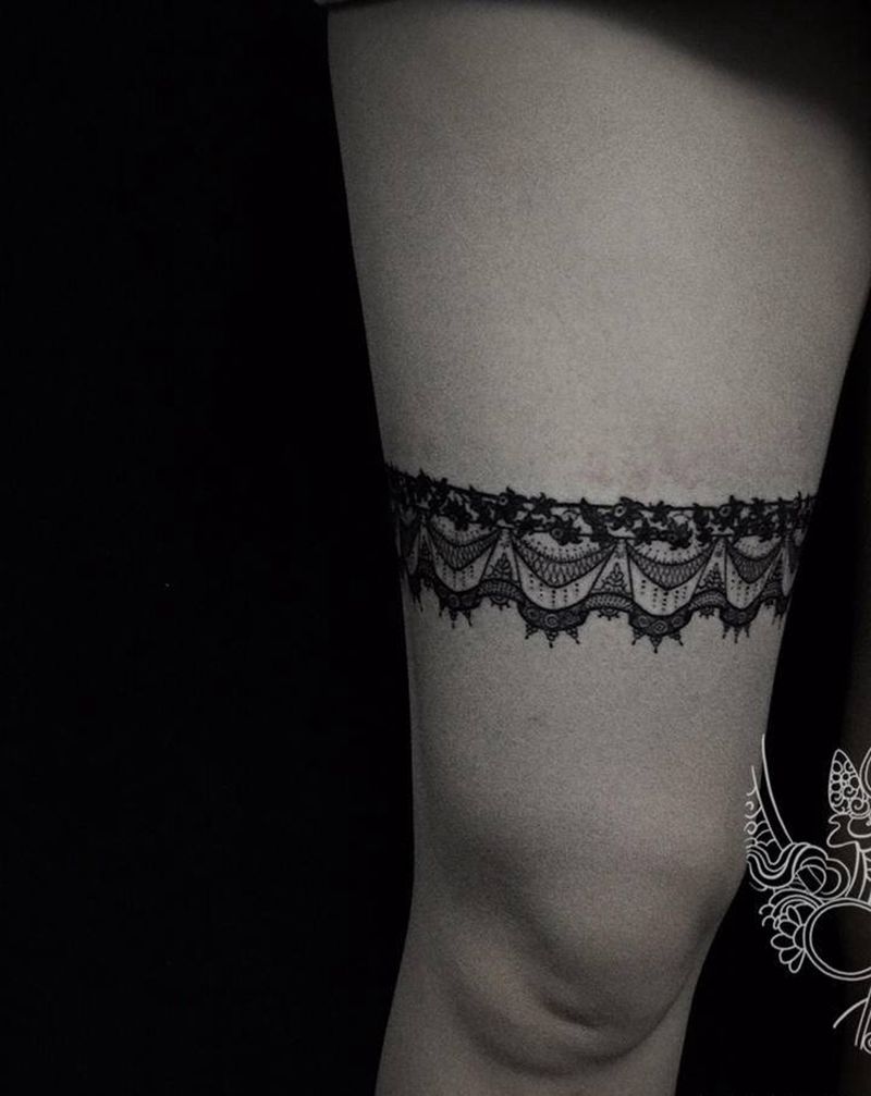 性感蕾丝腿环纹身图片_腿部图腾点刺纹身图案