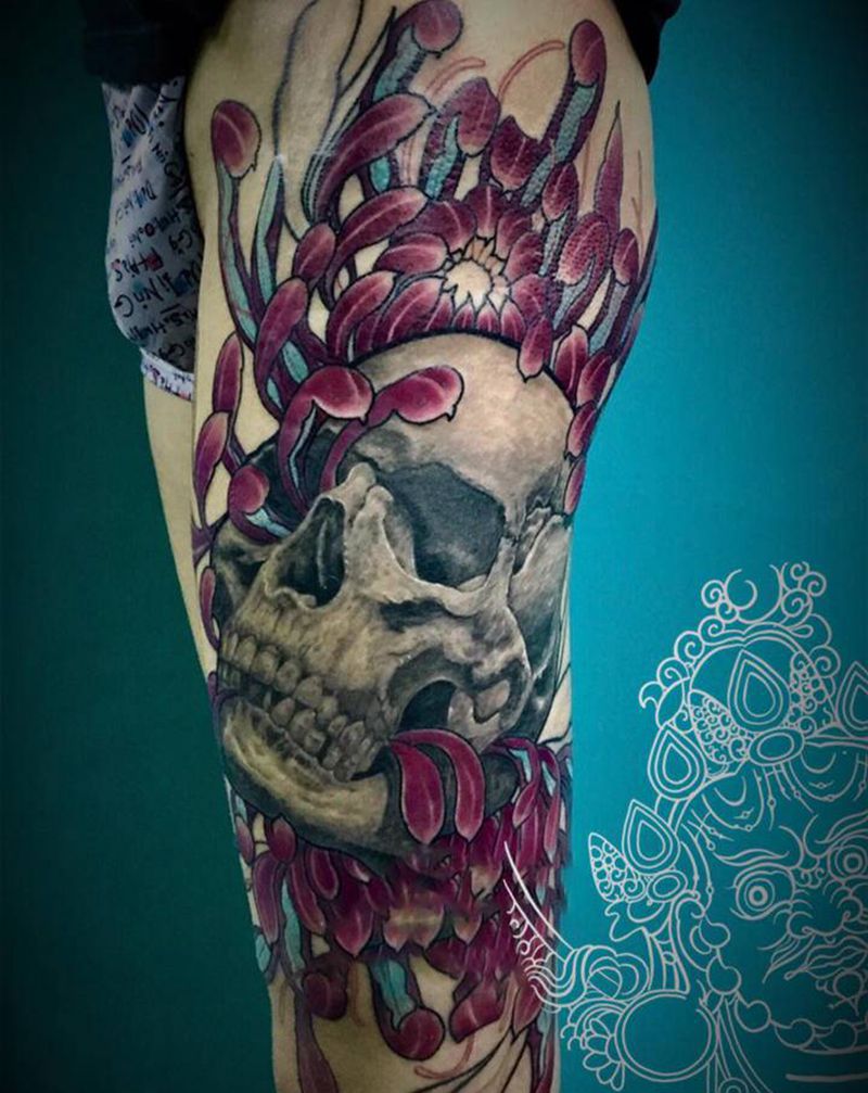 骷髅菊花纹身图片_腿部新传统欧美写实纹身图案