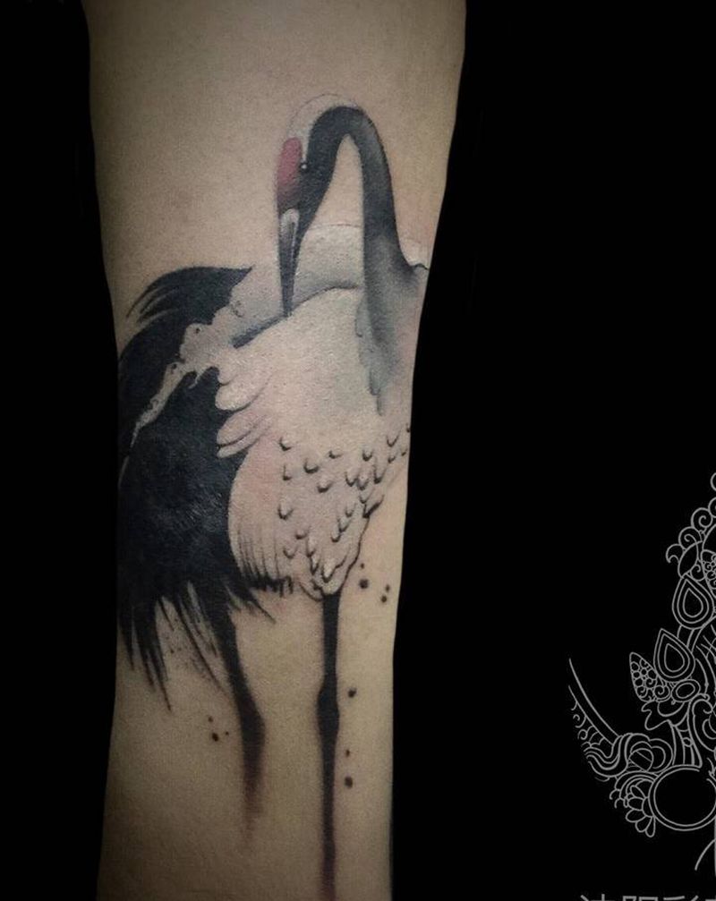 小仙鹤纹身图片_手臂水彩水墨纹身图案
