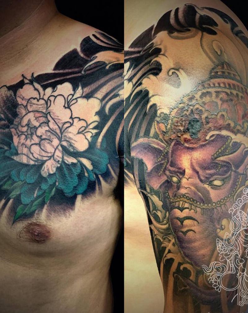 半甲遮盖未完纹身图片_手臂胸部新传统纹身图案