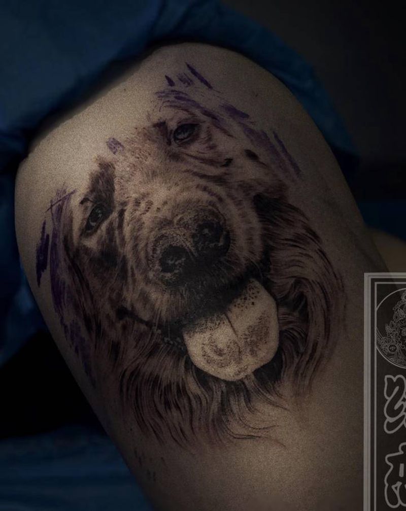 写实狗狗 未完纹身图片_腿部欧美写实纹身图案