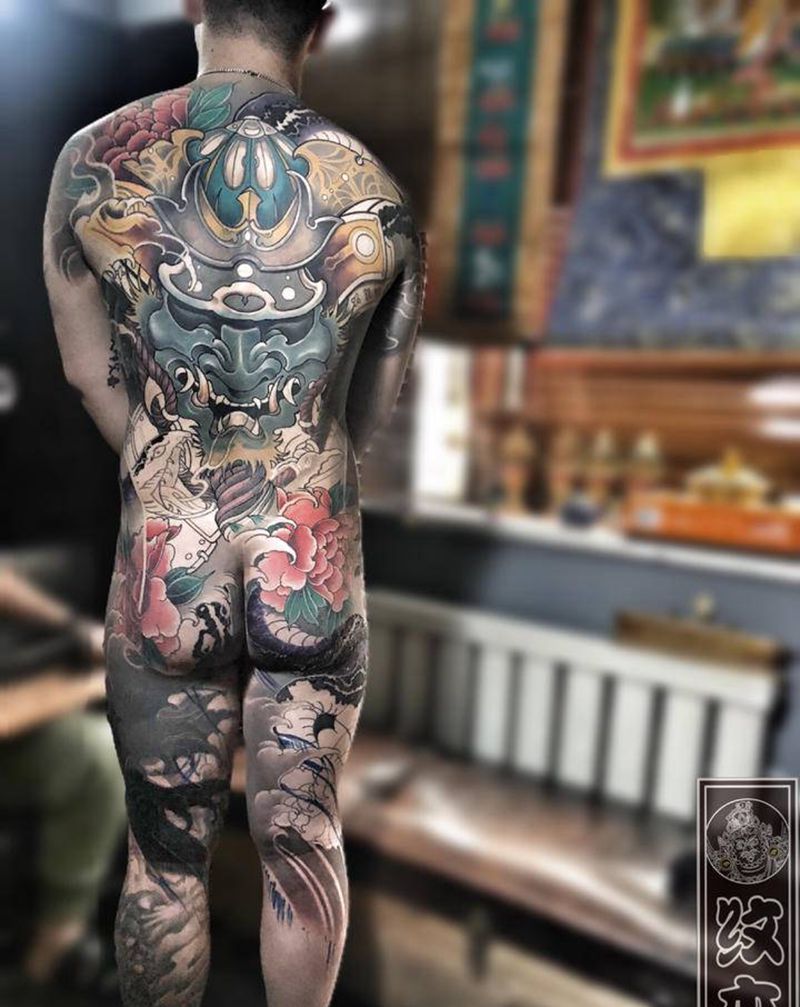 鬼武士大满背纹身图片_背部新传统纹身图案