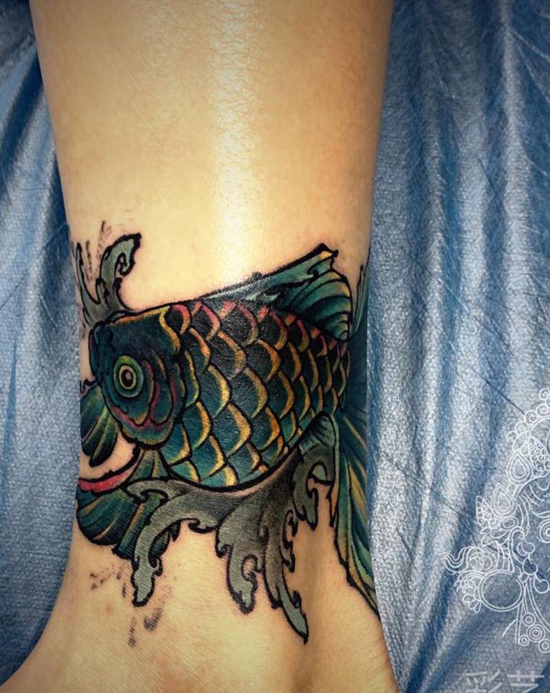 脚踝遮盖纹身图片_腿部水墨水彩纹身图案