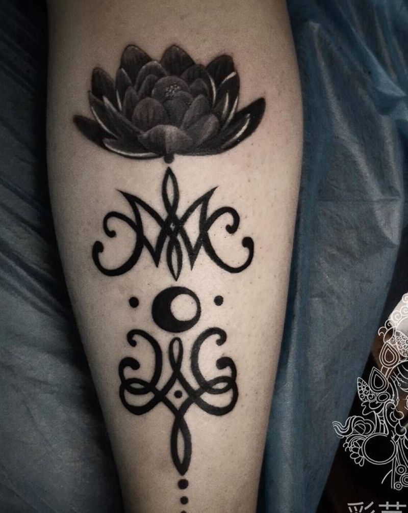 情侣图案 顾客自带图纹身图片_腿部水彩水墨纹身图案