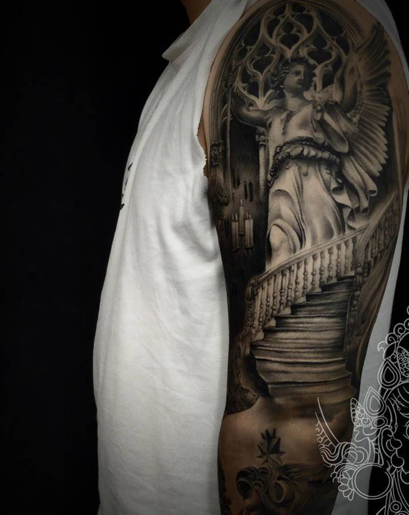 欧美黑灰七分袖纹身图片_手臂欧美写实纹身图案