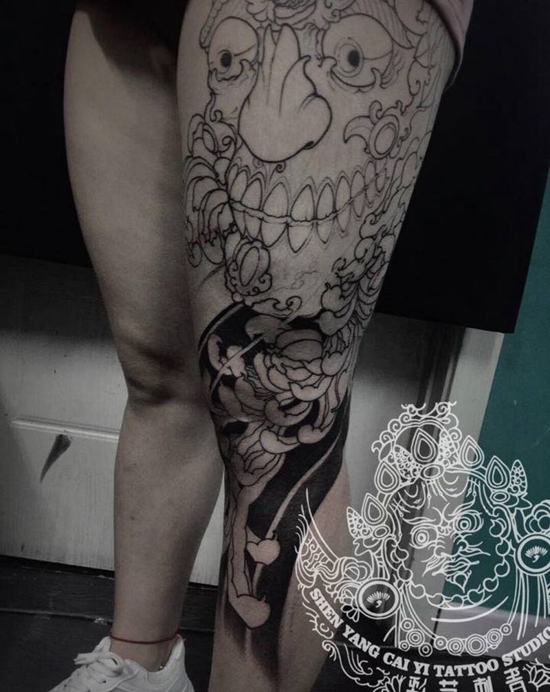 嘎巴拉局部纹身图片_腿部新传统纹身图案