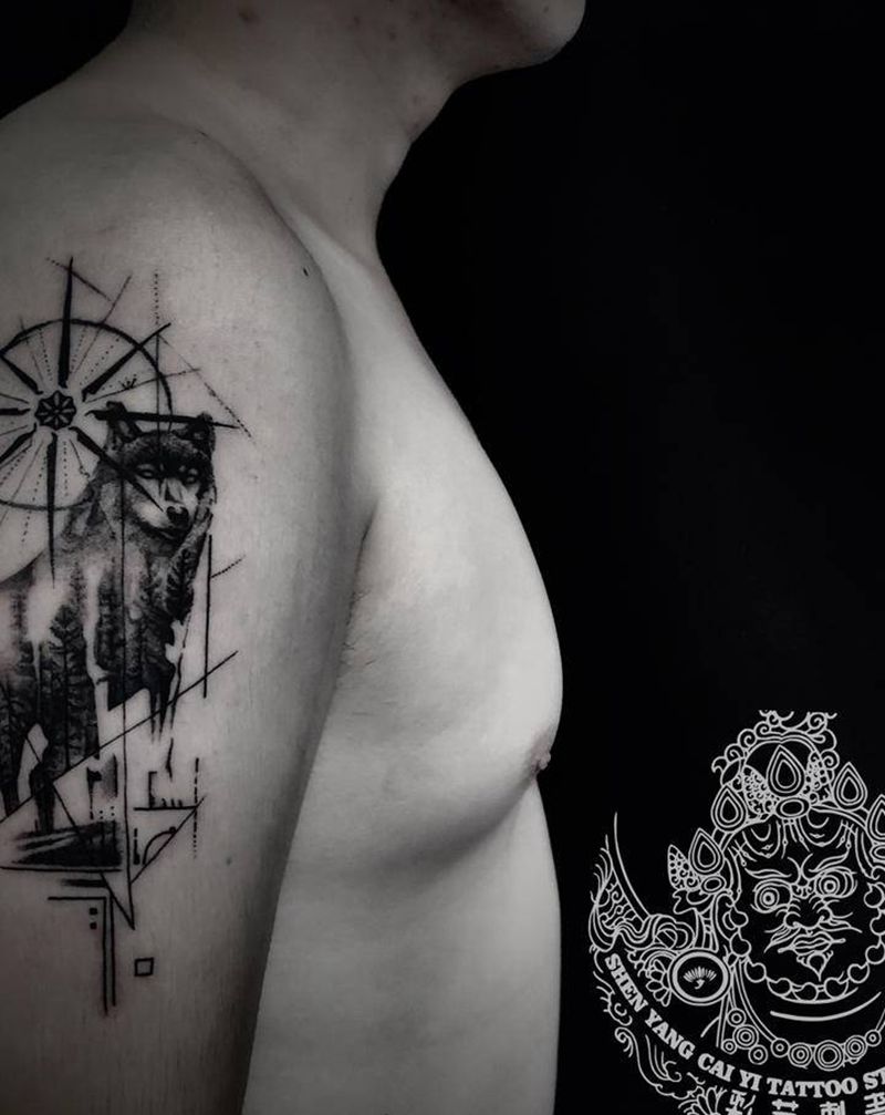 丛林中的狼纹身图片_手臂图腾点刺纹身图案