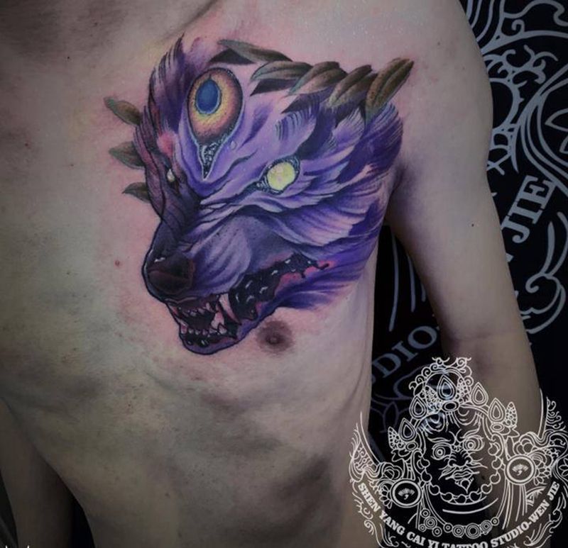 店内作品 狼头纹身图片_胸部欧美写实New School纹身图案