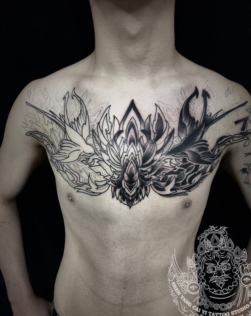 花胸未完纹身图片_胸部图腾点刺纹身图案